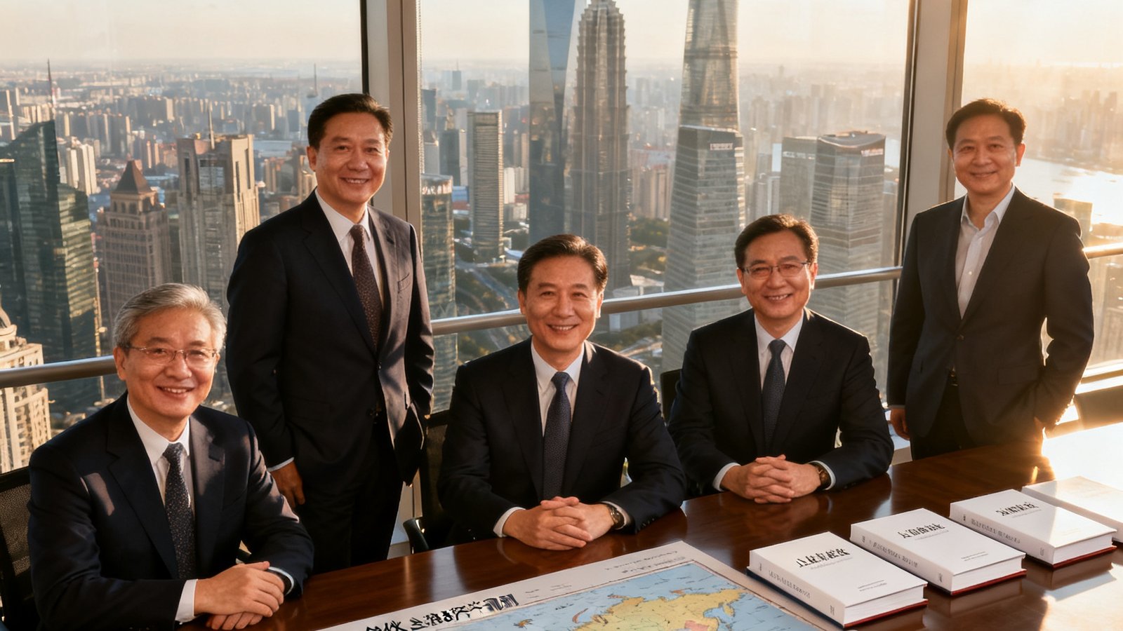 AG贵宾厅集团五位创始合伙人在上海中心大厦58层会议室合影，背景是陆家嘴金融城全景，五人分别穿着深色定制西装，年龄在38至52岁之间，面带自信微笑，桌面摆放着全球资产配置地图和几份精装白皮书，阳光从侧面落地窗洒入