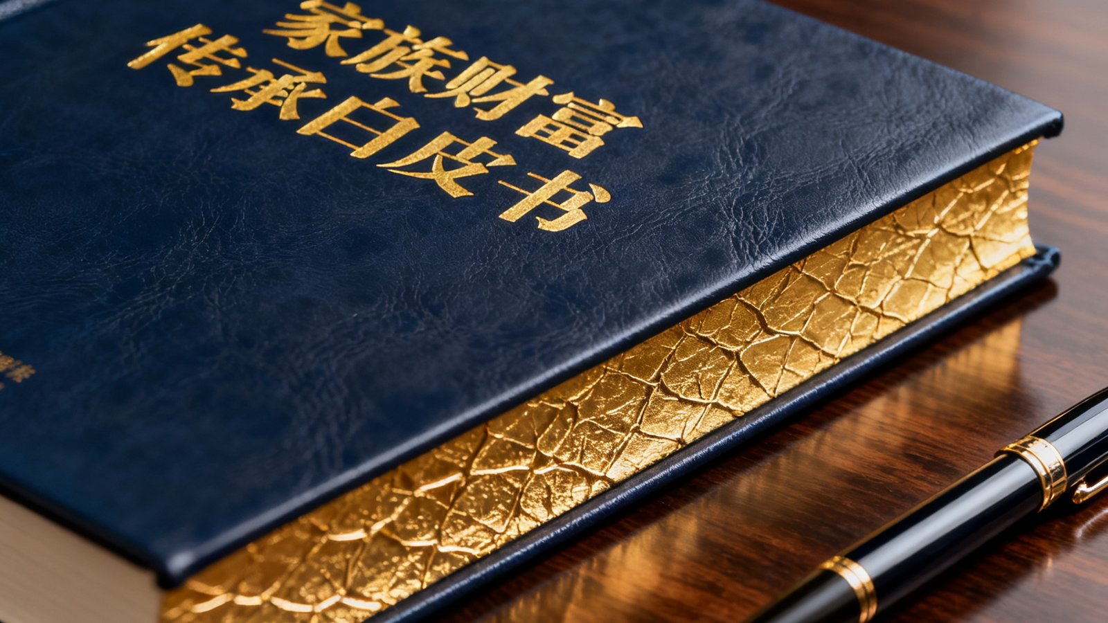 一本精装版家族财富传承白皮书的封面特写，深蓝色皮质封面烫金标题，书页边缘可见金色纹理，放置在一张深色胡桃木桌面上，旁边有一支钢笔