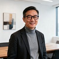 一位约38岁的男性科技公司创始人的半身肖像，穿着灰色高领毛衣外搭深色休闲西装，戴着黑框眼镜，表情专注而友好，背景为现代简约风格的办公室，墙上挂着抽象艺术画作